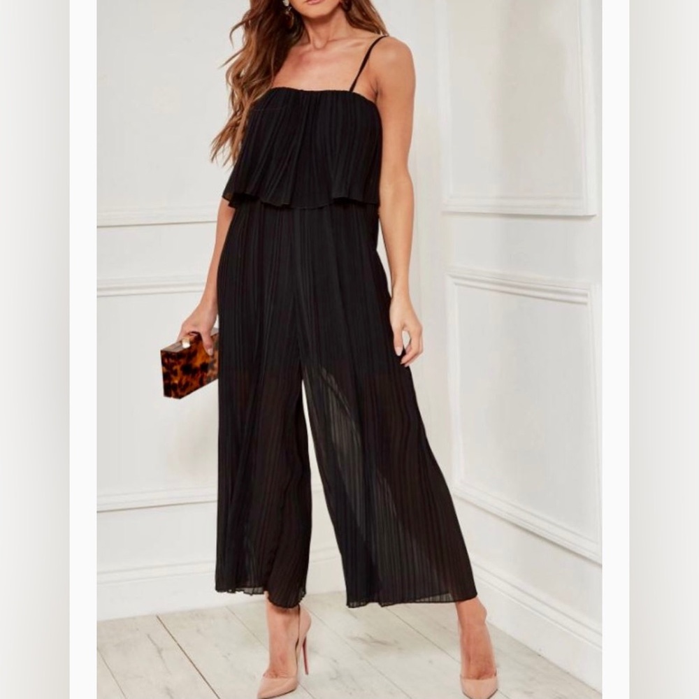 Shines Black Pleated Chiffon Frill Strappy Ladies Crinkle Jumpsuit Size XS